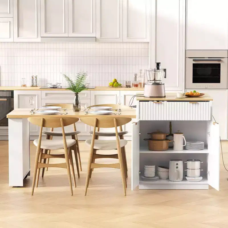 Isola da cucina scanalata con tavolo allungabile – Nero / Naturale / Bianco