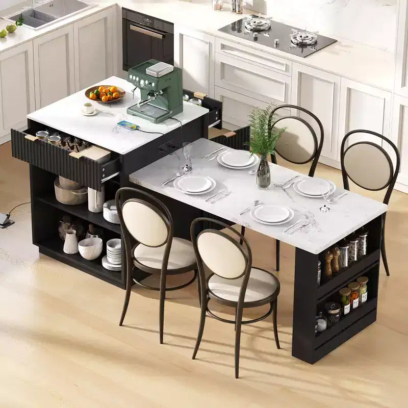 Isola da cucina scanalata con tavolo allungabile – Nero / Naturale / Bianco