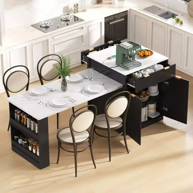 Isola da cucina scanalata con tavolo allungabile – Nero / Naturale / Bianco