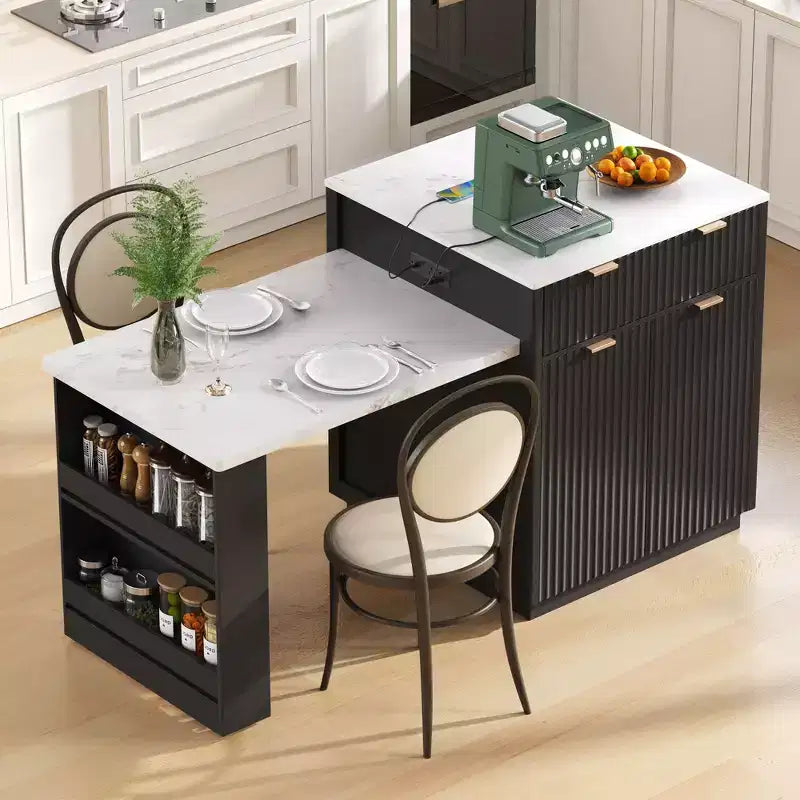 Isola da cucina scanalata con tavolo allungabile – Nero / Naturale / Bianco