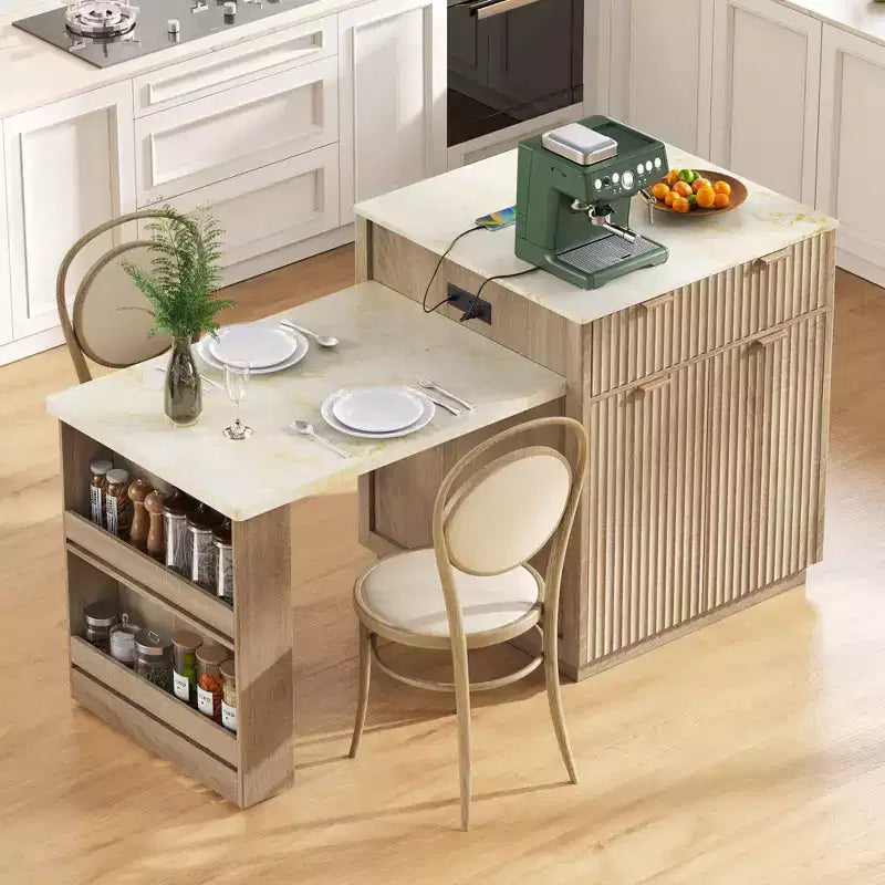 Isola da cucina scanalata con tavolo allungabile – Nero / Naturale / Bianco