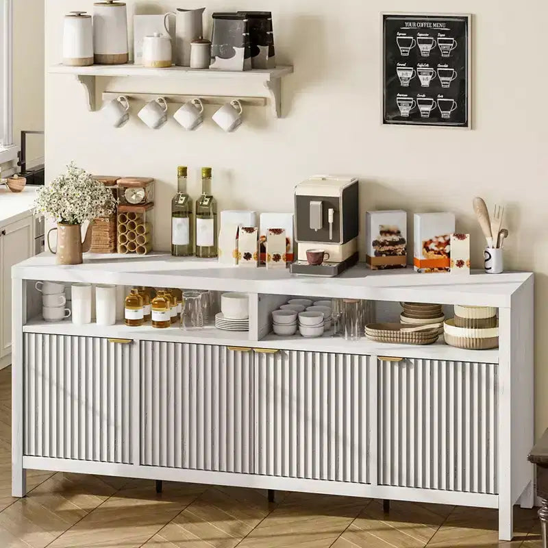 Four-door sideboard with grooved design Modern wood construction Ideal for dining rooms, living rooms, and entryways