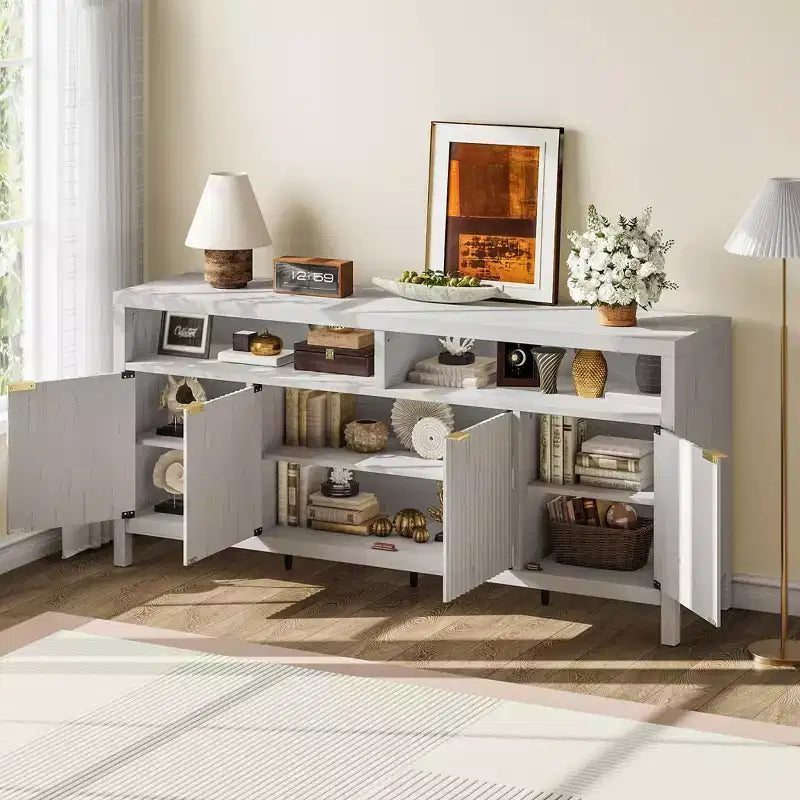 Mobiletto contenitore a 4 ante in rovere naturale scanalato, stile rustico a 3 ripiani