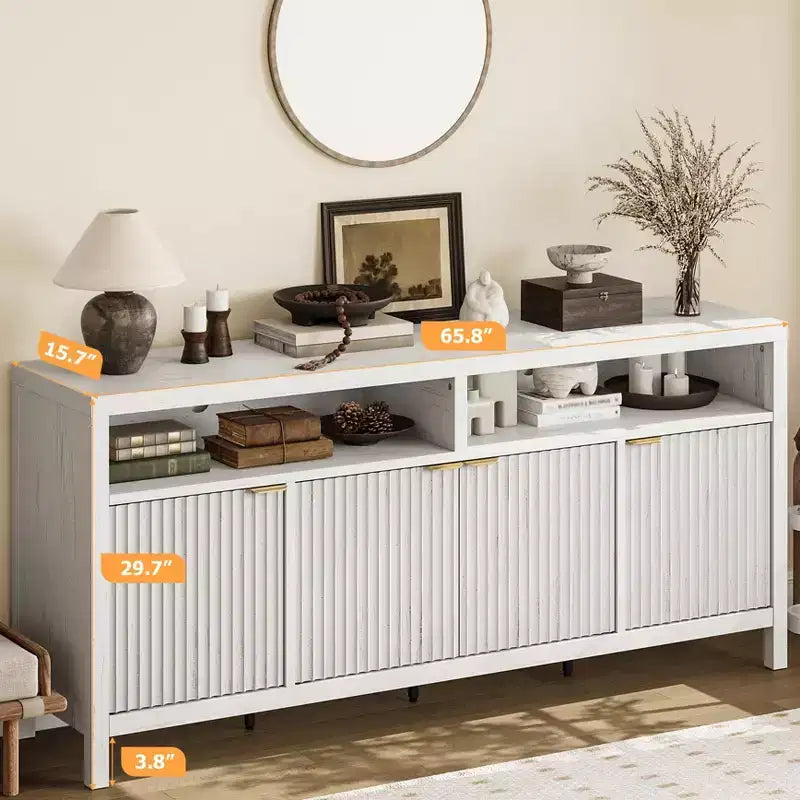 Mobiletto contenitore a 4 ante in rovere naturale scanalato, stile rustico a 3 ripiani