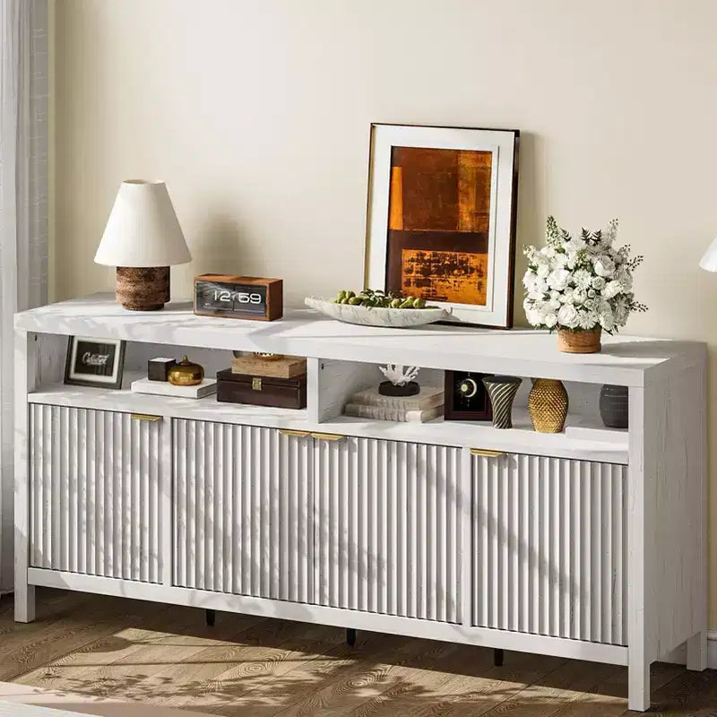 Mobiletto contenitore a 4 ante in rovere naturale scanalato, stile rustico a 3 ripiani