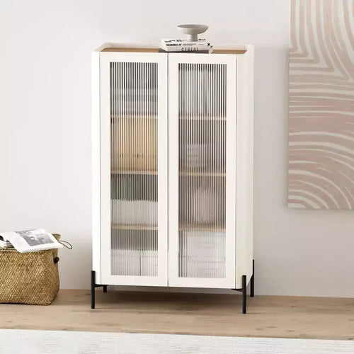 GDFStudio Biorn 31.5 Modern Tempered Glass Door Storage Cabinet with Tray Top