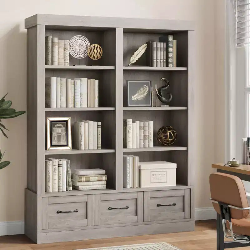 Libreria a 4 ripiani doppia da 162 cm con 3 cassetti – Bianco Antico / Avorio Chiaro