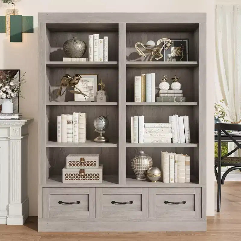 Libreria a 4 ripiani doppia da 162 cm con 3 cassetti – Bianco Antico / Avorio Chiaro