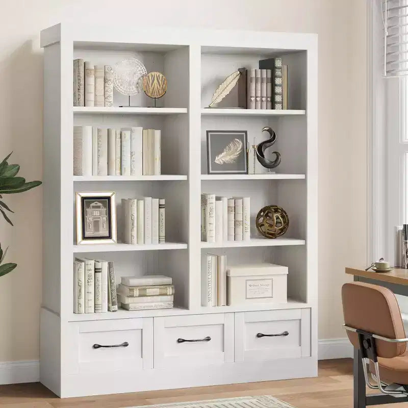 Libreria a 4 ripiani doppia da 162 cm con 3 cassetti – Bianco Antico / Avorio Chiaro
