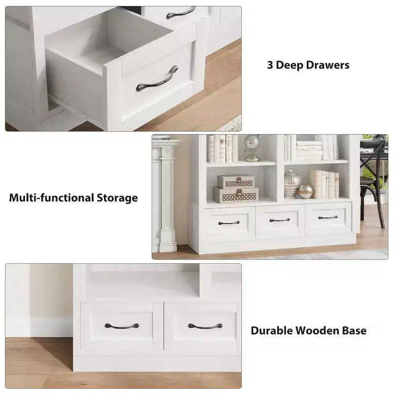 Libreria a 4 ripiani doppia da 162 cm con 3 cassetti – Bianco Antico / Avorio Chiaro