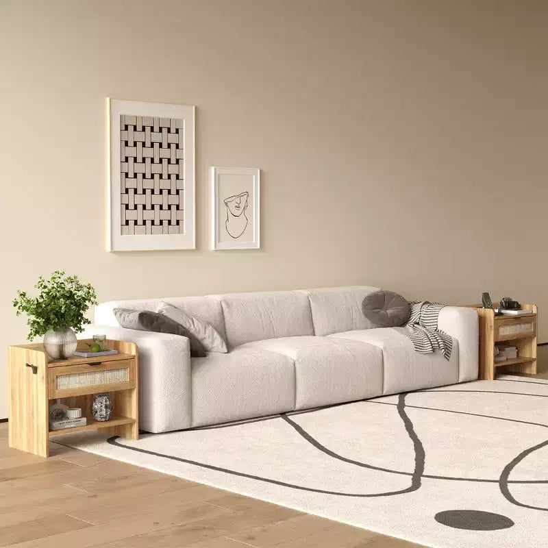 Comodino Noce/Rattan Bianco con 2 Cassetti, Set di 2