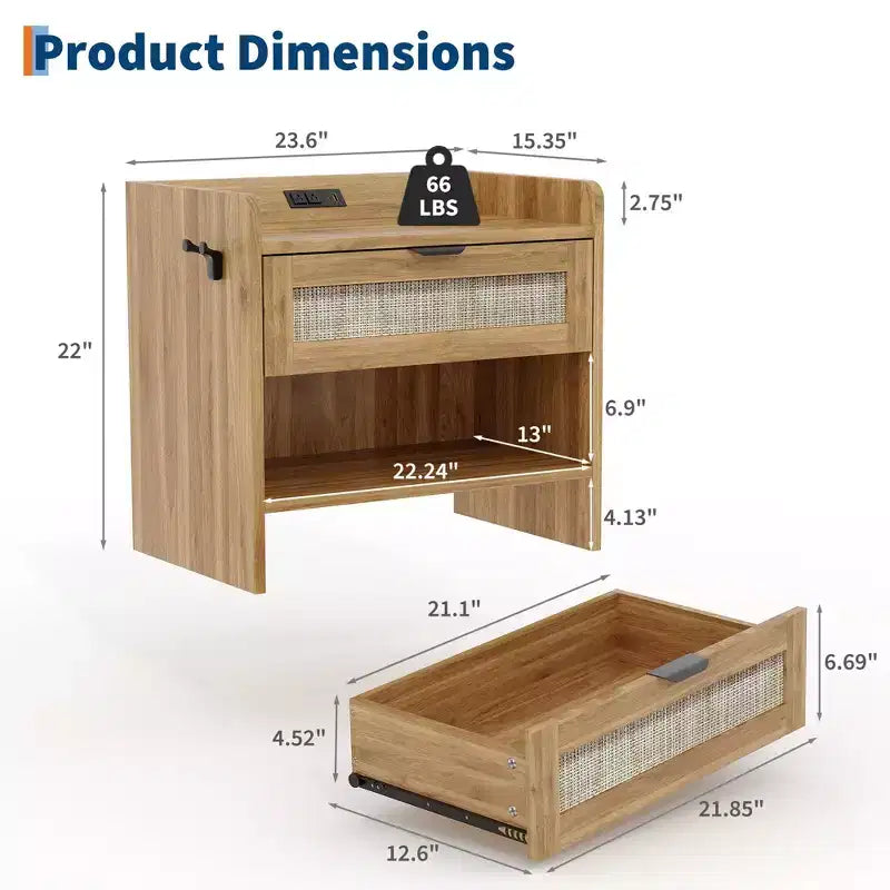 Comodino Noce/Rattan Bianco con 2 Cassetti, Set di 2