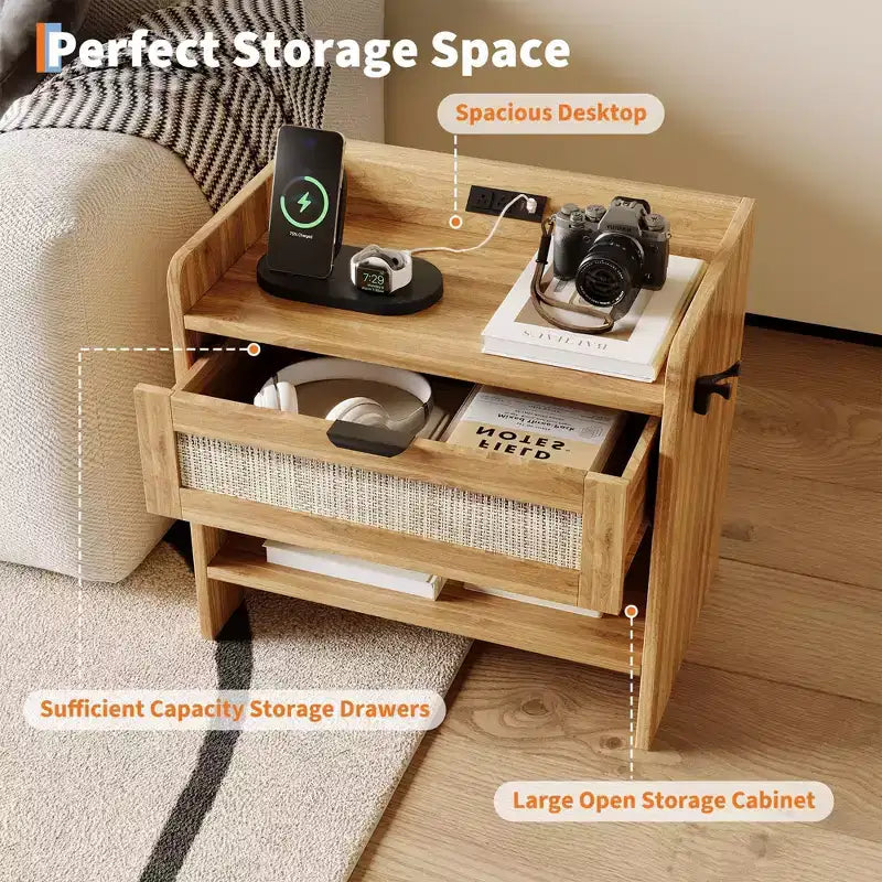 Comodino Noce/Rattan Bianco con 2 Cassetti, Set di 2