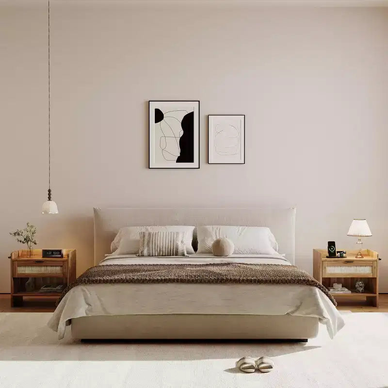 Comodino Noce/Rattan Bianco con 2 Cassetti, Set di 2