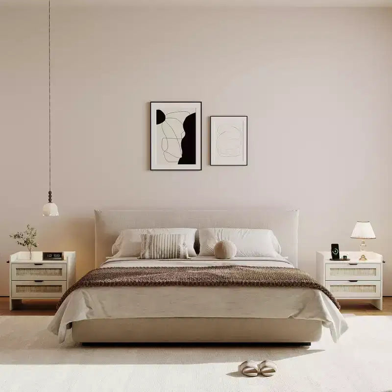 Comodino Noce/Rattan Bianco con 2 Cassetti, Set di 2