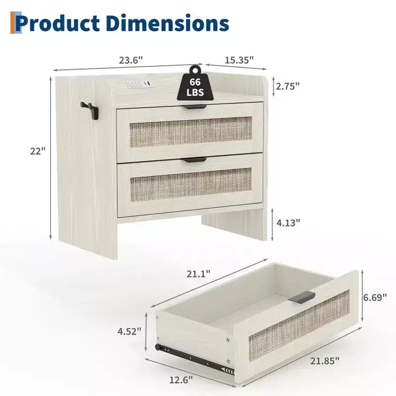 Comodino Noce/Rattan Bianco con 2 Cassetti, Set di 2