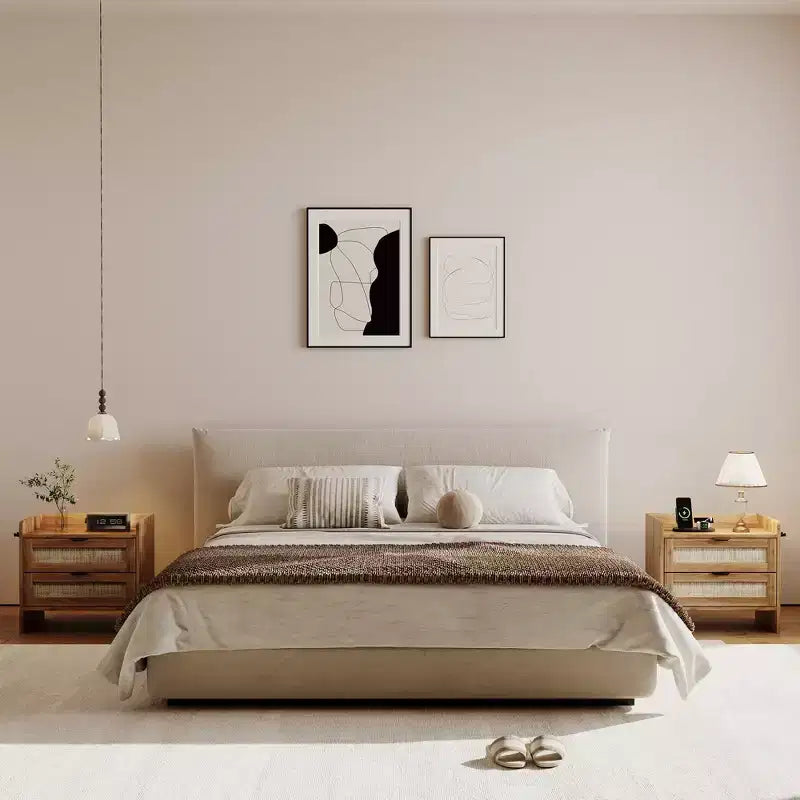 Comodino Noce/Rattan Bianco con 2 Cassetti, Set di 2
