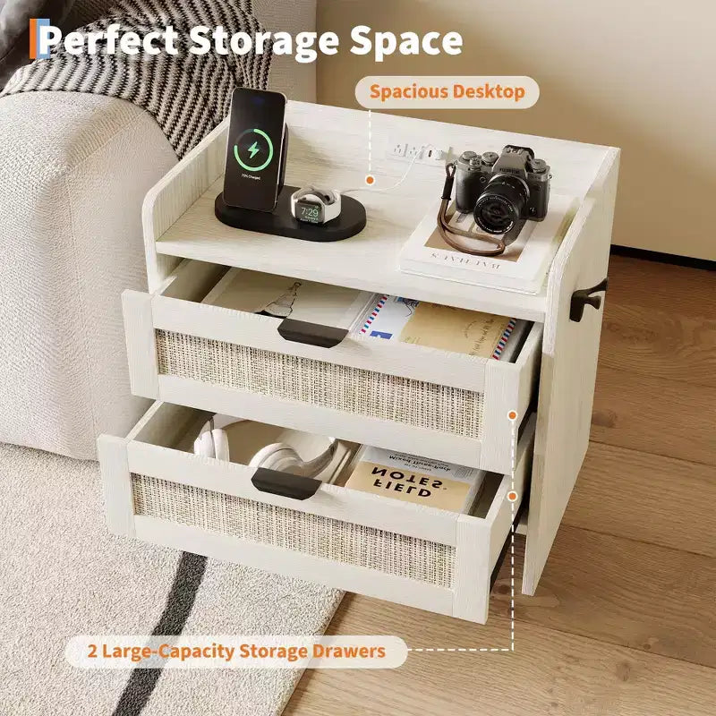 Comodino Noce/Rattan Bianco con 2 Cassetti, Set di 2