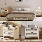 Comodino Noce/Rattan Bianco con 2 Cassetti, Set di 2