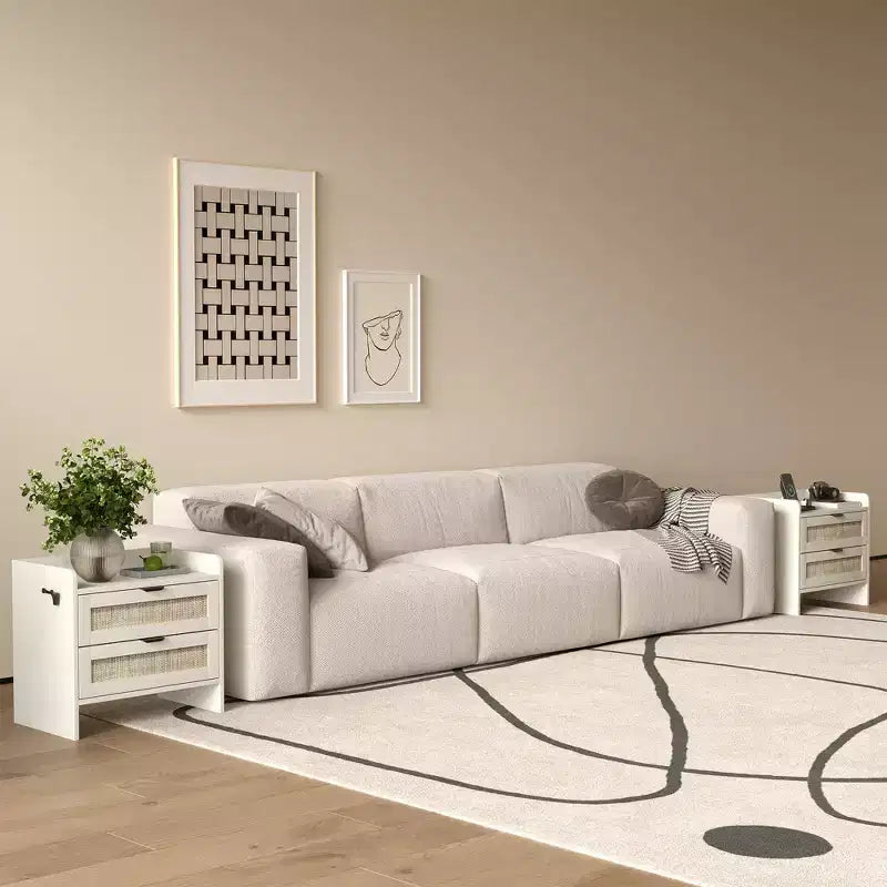 Comodino Noce/Rattan Bianco con 2 Cassetti, Set di 2