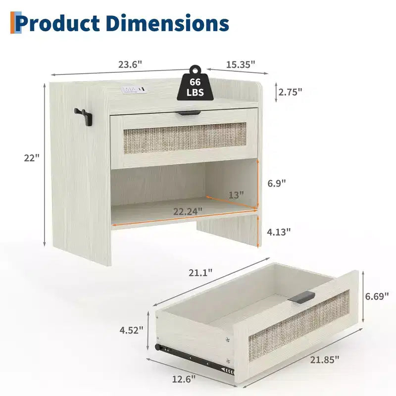 Comodino Noce/Rattan Bianco con 2 Cassetti, Set di 2