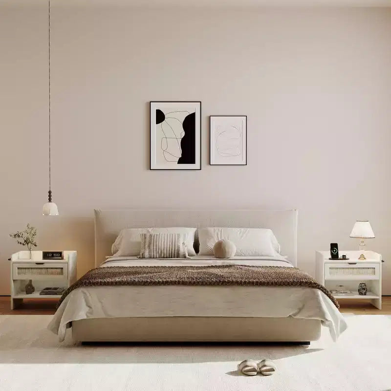 Comodino Noce/Rattan Bianco con 2 Cassetti, Set di 2