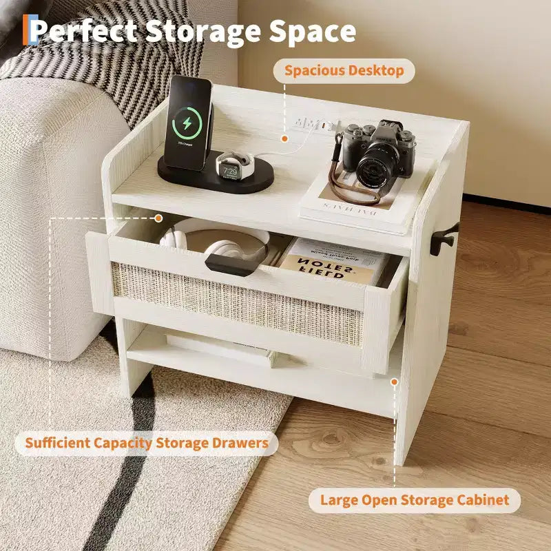 Comodino Noce/Rattan Bianco con 2 Cassetti, Set di 2