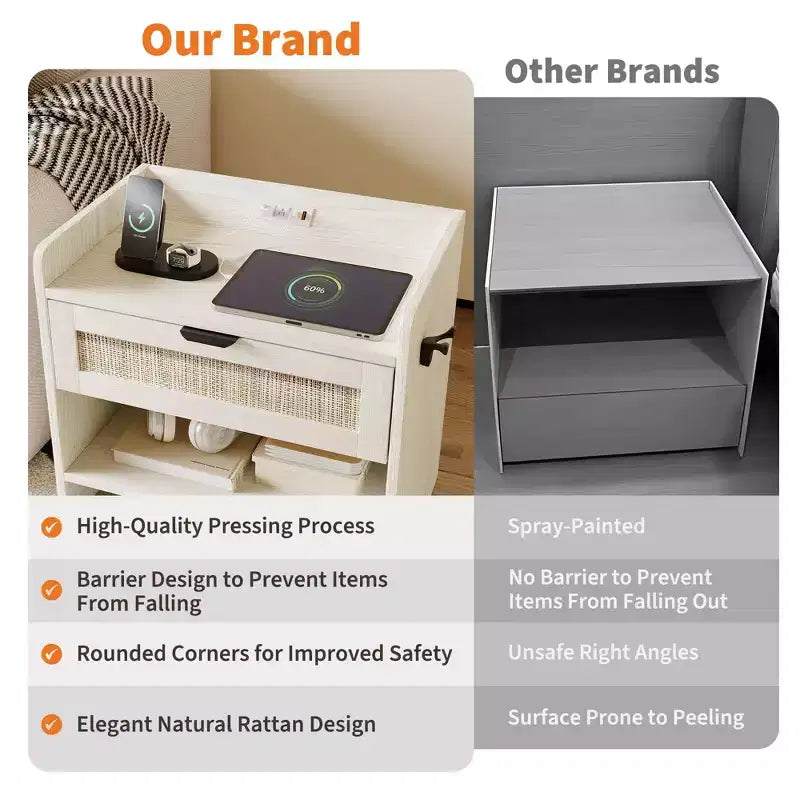 Comodino Noce/Rattan Bianco con 2 Cassetti, Set di 2
