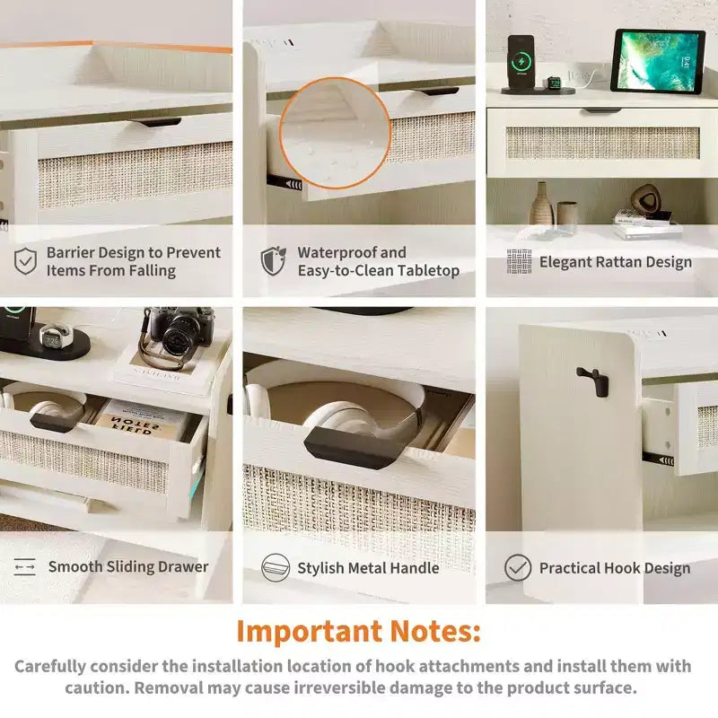 Comodino Noce/Rattan Bianco con 2 Cassetti, Set di 2