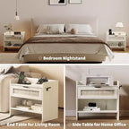 Comodino Noce/Rattan Bianco con 2 Cassetti, Set di 2