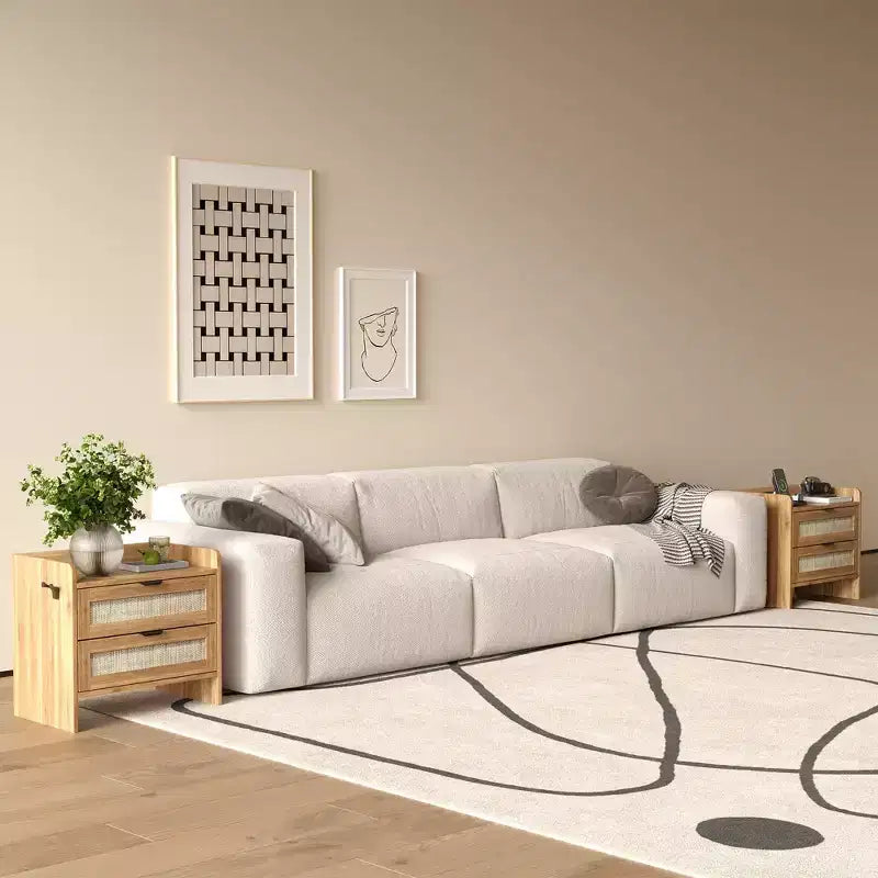 Comodino Noce/Rattan Bianco con 2 Cassetti, Set di 2