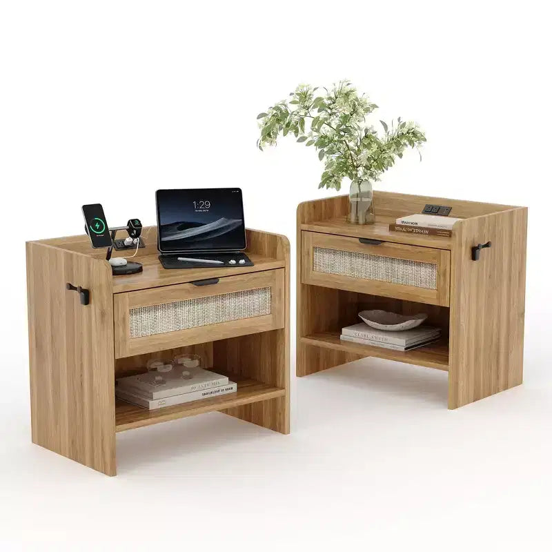 Comodino Noce/Rattan Bianco con 2 Cassetti, Set di 2