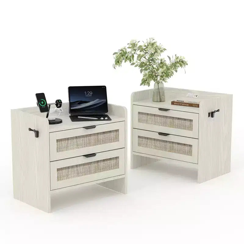 Comodino Noce/Rattan Bianco con 2 Cassetti, Set di 2