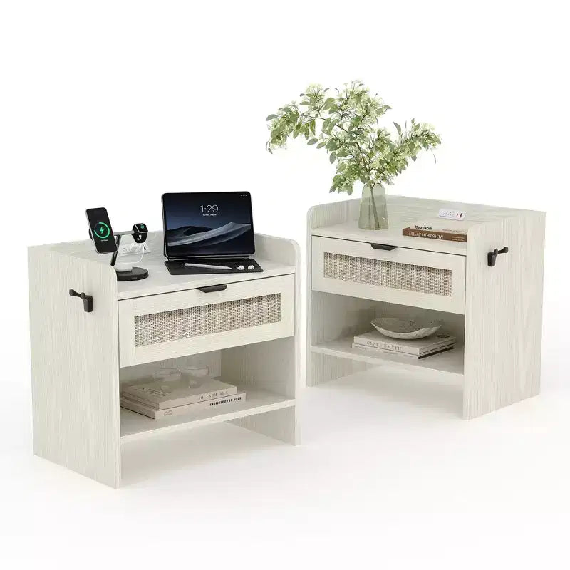Comodino Noce/Rattan Bianco con 2 Cassetti, Set di 2