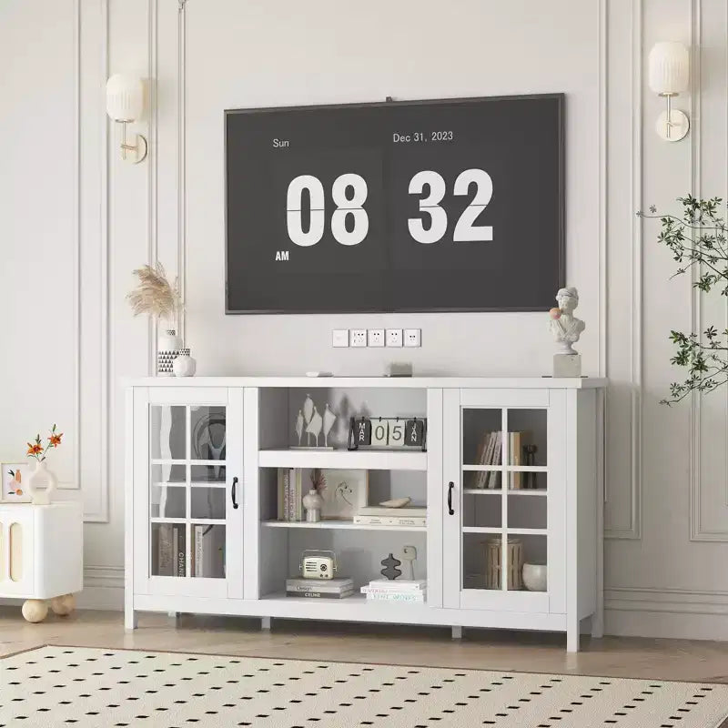 Mobile TV moderno in legno per TV da 65", credenza a 2 ante, nero / bianco
