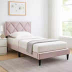 Royal Hampton Twin Bed, Tufted Light Pink Velvet Upholstery, Diamond Stitch