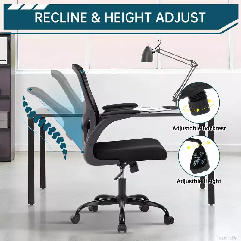 Sedia da ufficio ergonomica in rete nera/grigia con braccioli pieghevoli – Sedia da scrivania girevole per 1 persona