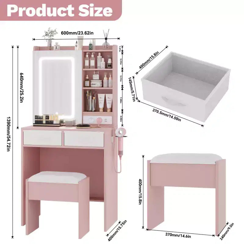 Toeletta Trucco Illuminata con Specchio e Sgabello – Nero / Rosa / Bianco, 1 Posto, Stazione di Ricarica e 2 Cassetti