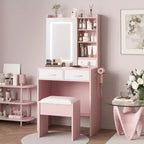 Toeletta Trucco Illuminata con Specchio e Sgabello – Nero / Rosa / Bianco, 1 Posto, Stazione di Ricarica e 2 Cassetti