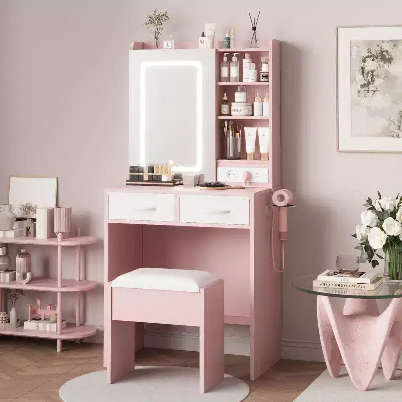 Toeletta Trucco Illuminata con Specchio e Sgabello – Nero / Rosa / Bianco, 1 Posto, Stazione di Ricarica e 2 Cassetti