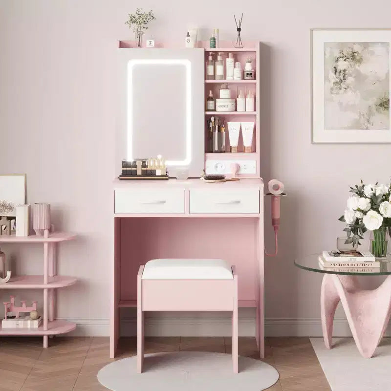 Toeletta Trucco Illuminata con Specchio e Sgabello – Nero / Rosa / Bianco, 1 Posto, Stazione di Ricarica e 2 Cassetti