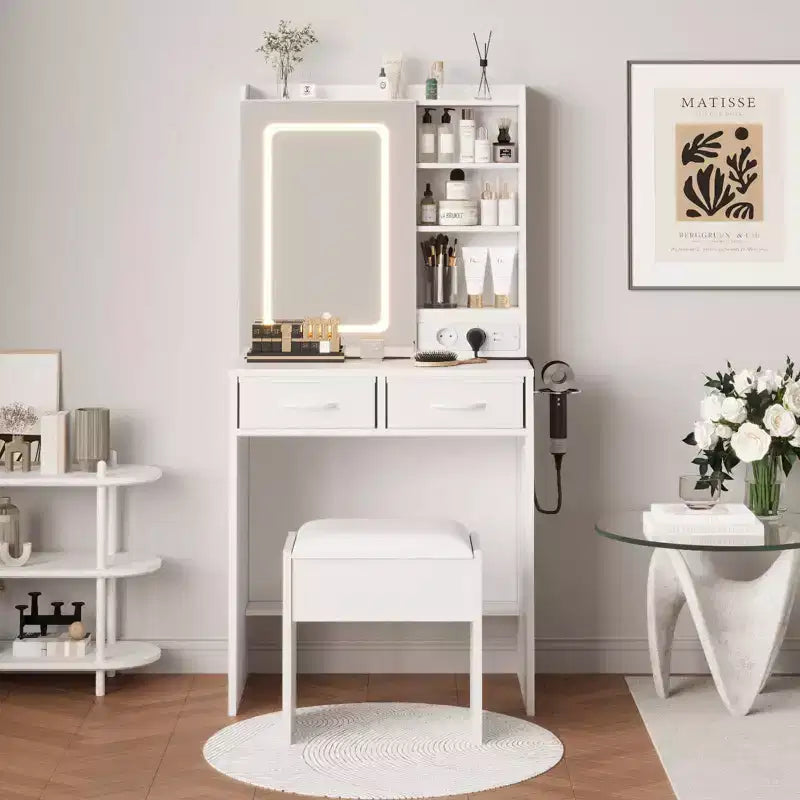 Toeletta Trucco Illuminata con Specchio e Sgabello – Nero / Rosa / Bianco, 1 Posto, Stazione di Ricarica e 2 Cassetti