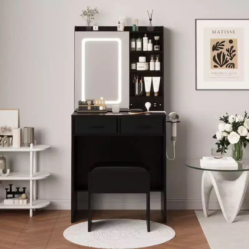 Toeletta Trucco Illuminata con Specchio e Sgabello – Nero / Rosa / Bianco, 1 Posto, Stazione di Ricarica e 2 Cassetti