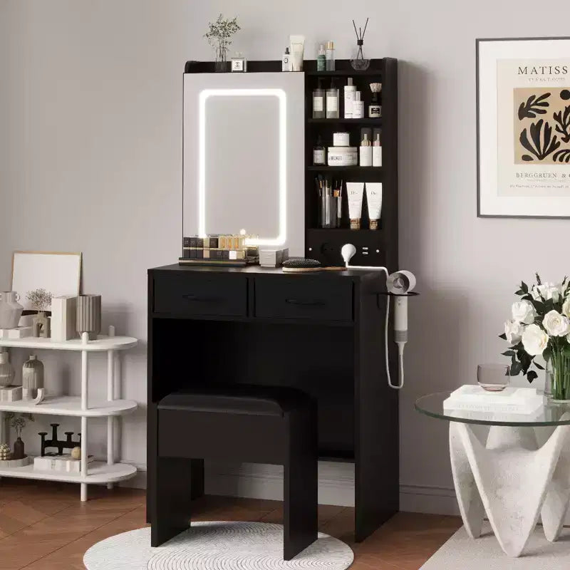 Toeletta Trucco Illuminata con Specchio e Sgabello – Nero / Rosa / Bianco, 1 Posto, Stazione di Ricarica e 2 Cassetti