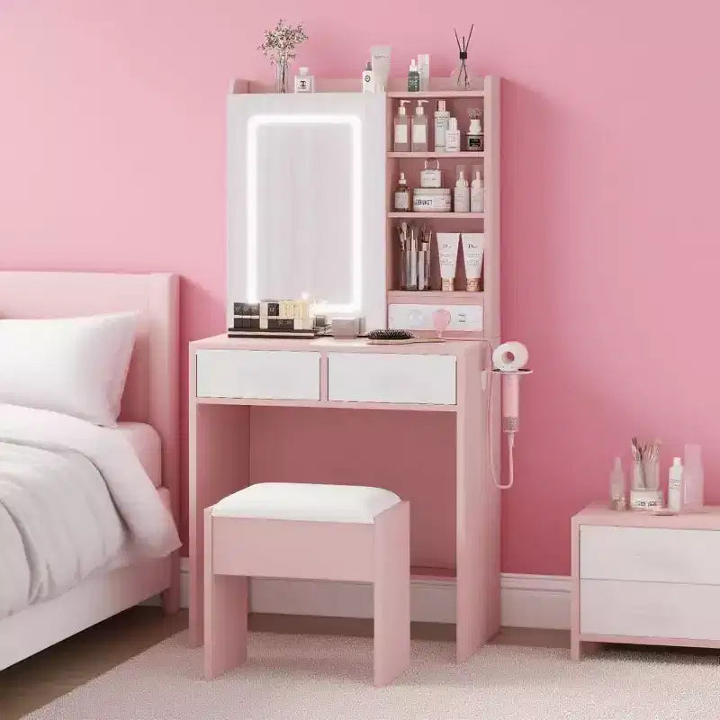 Toeletta Trucco Illuminata con Specchio e Sgabello – Nero / Rosa / Bianco, 1 Posto, Stazione di Ricarica e 2 Cassetti