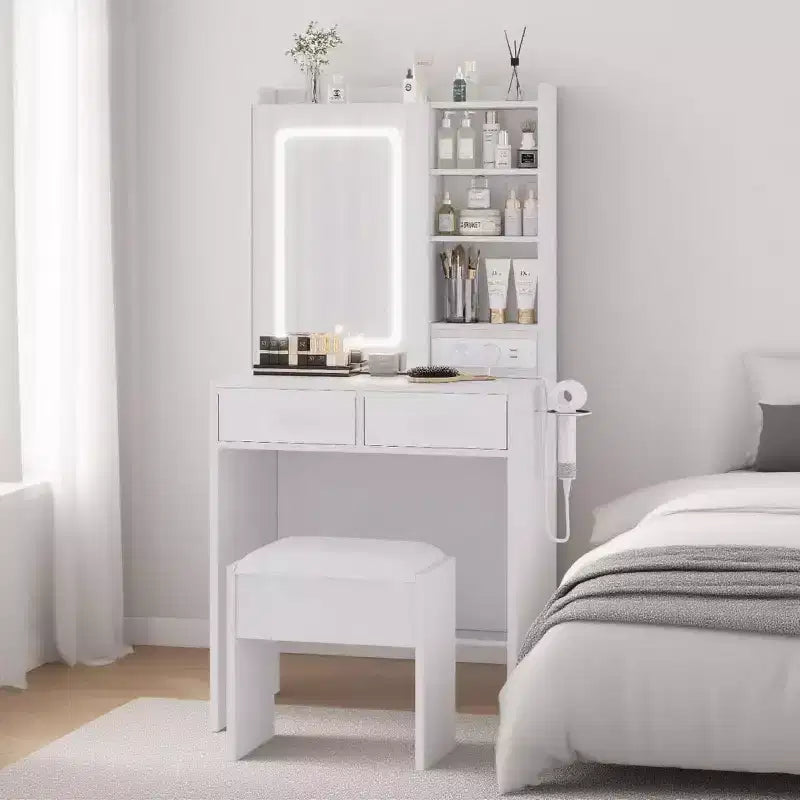 Toeletta Trucco Illuminata con Specchio e Sgabello – Nero / Rosa / Bianco, 1 Posto, Stazione di Ricarica e 2 Cassetti