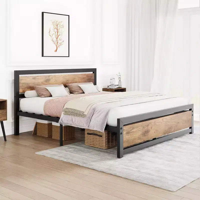 Struttura Letto Matrimoniale Queen Retro Marrone con Testiera e Pediera in Legno, 2 Posti