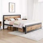 Struttura Letto Matrimoniale Queen Retro Marrone con Testiera e Pediera in Legno, 2 Posti