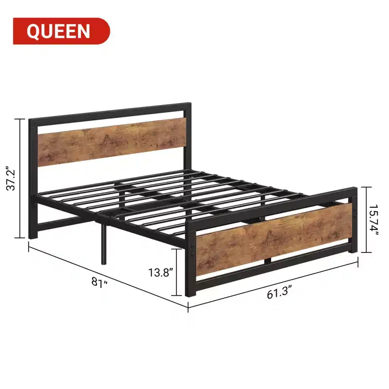 Struttura Letto Matrimoniale Queen Retro Marrone con Testiera e Pediera in Legno, 2 Posti