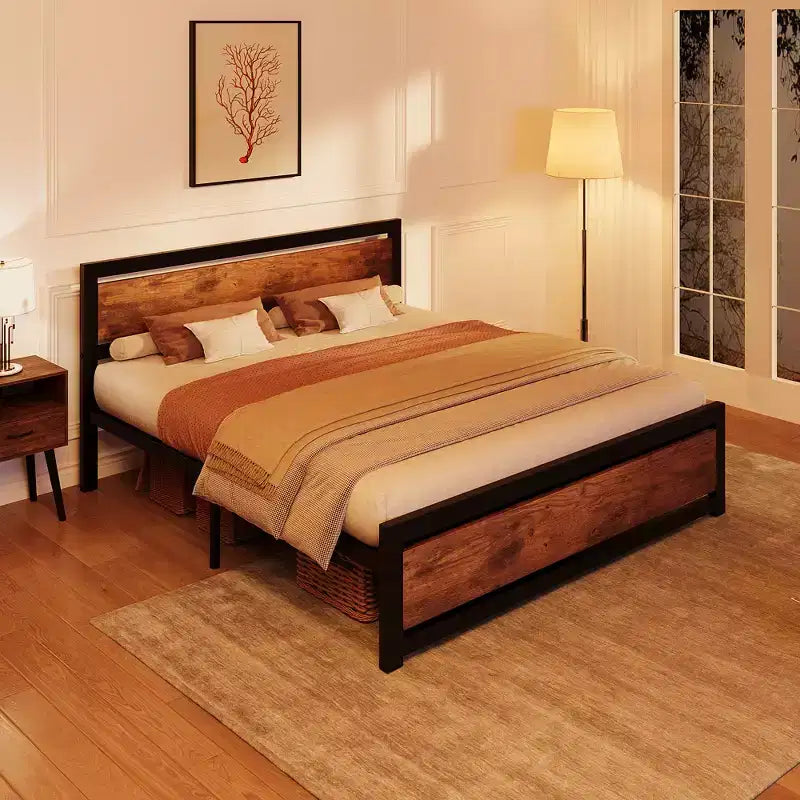 Struttura Letto Matrimoniale Queen Retro Marrone con Testiera e Pediera in Legno, 2 Posti